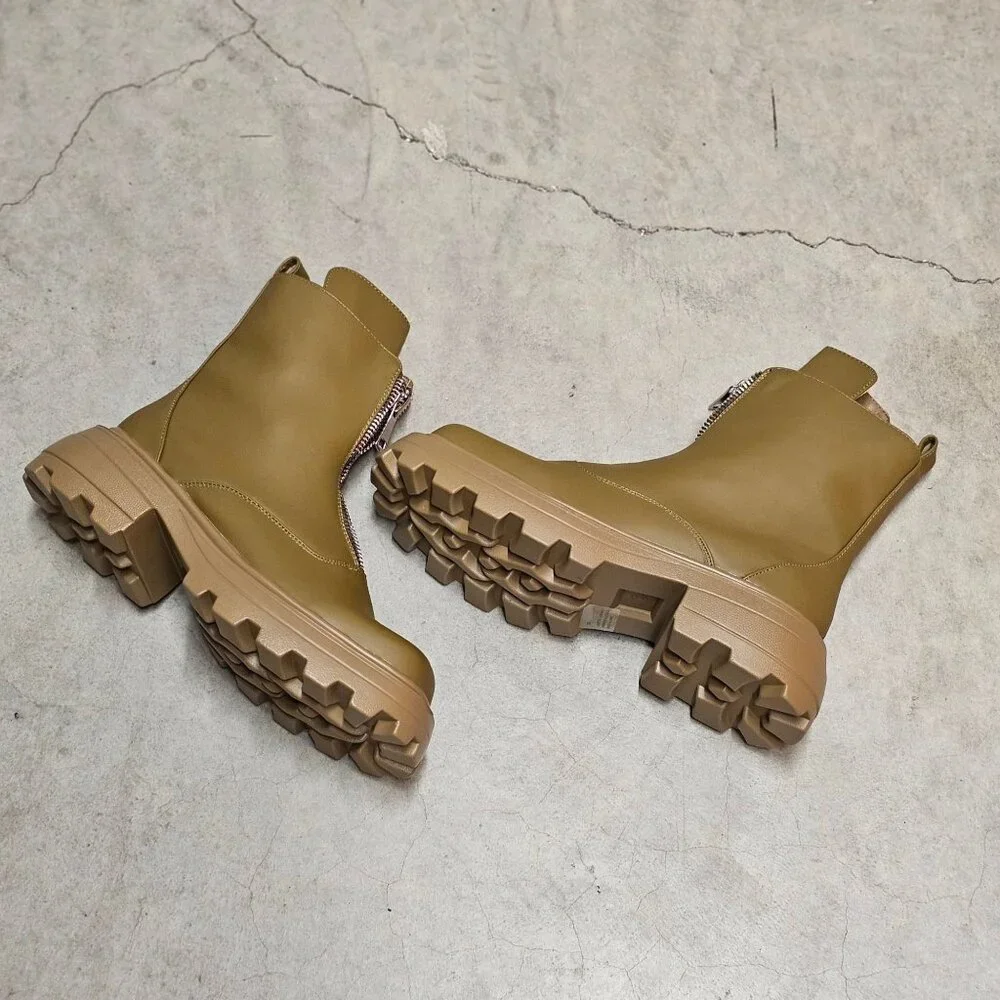 Chunky Sole Olive Green Leather Ankle Boots With Front Zipper And Lug Outsole Fo - Picture 6 of 8